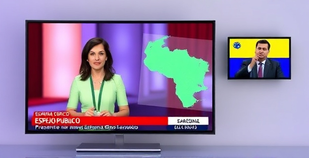 Una pantalla de televisión mostrando el programa Espejo Público con la presentadora Susanna Griso, mientras en el fondo se ve un mapa de Venezuela y una imagen de Nicolás Maduro en una pantalla más pequeña.