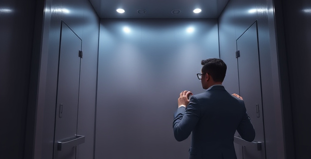 Un ascensor con espejos en sus paredes interiores, iluminado con luz suave, con un pasajero solitario ajustándose la ropa mientras mira su reflejo.