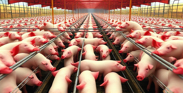 Una granja porcina industrializada con miles de cerdos en jaulas