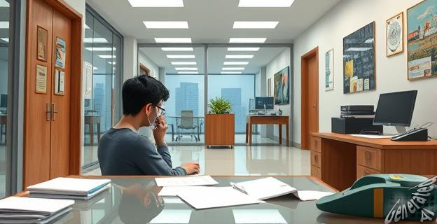 Una imagen de un edificio de oficinas con una persona sentada en un escritorio, rodeada de papeles y un teléfono, mientras otra persona habla por teléfono en el fondo.