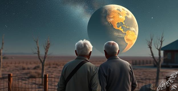 Una pareja de ancianos mirando hacia un planeta desierto con un cielo estrellado, con una cámara enterrada en el patio trasero de su casa en el medio oeste de Estados Unidos.