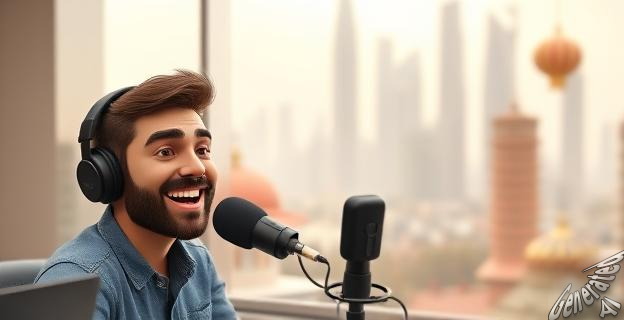 Un empresario español sonriendo mientras habla en un estudio de grabación de podcast, con una ciudad china bulliciosa al fondo.