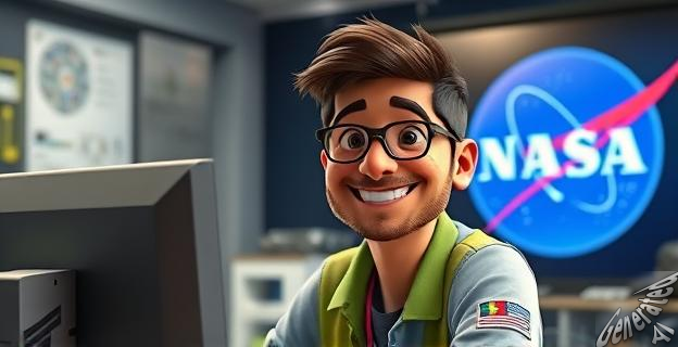 Una ingeniera catalana sonriente con un ordenador y un logo de la NASA detrás, con un contexto de espacio y reciclaje