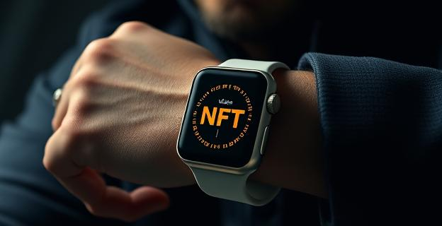 Una imagen de una persona con un Apple Watch mostrando un NFT valioso en la pantalla, con un fondo oscuro y sombrío que sugiere peligro y anonimato.