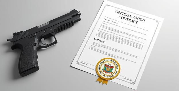 Imagen de una pistola semiautomática sobre un fondo neutro, con un contrato o documento oficial al lado, y un sello de la Policía Nacional en el documento.