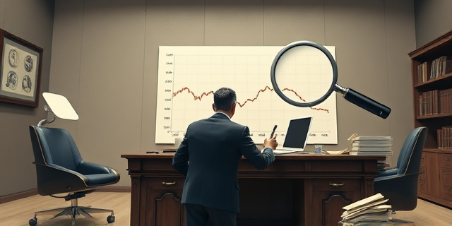Una ilustración conceptual y satírica. Un escritorio gubernamental donde un funcionario con traje intenta cubrir un gráfico de economía descendente usando maquillaje cosmético y pinceles grandes. Al fondo, una lupa gigante de un auditor observa la escena. Estilo editorial de revista financiera, colores sobrios con contrastes fuertes, sin rostros reconocibles.