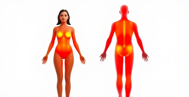 Representación conceptual de un cuerpo humano femenino y masculino con zonas de diferente colorido que indiquen la distribución del calor corporal. Sin caras ni detalles específicos.