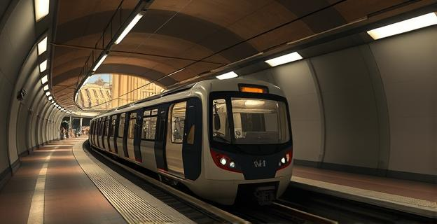 Imagen de un vagón de metro moderno circulando por una estación subterránea iluminada en El Cairo, con arquitectura contemporánea egipcia al fondo