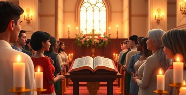 Una iglesia iluminada con velas y flores, con un altar central donde se encuentra un ejemplar de la Biblia abierto, rodeado de personas de diferentes edades y etnias escuchando atentamente, con expresiones de esperanza y reflexión en sus rostros.