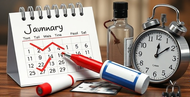 Una imagen conceptual que represente la lucha contra las adicciones, con elementos que simbolizan el cambio de hábitos y la superación personal, como un calendario de enero con un bolígrafo rojo tachando días, un paquete de cigarrillos roto, una botella de alcohol vacía y un reloj marcando el paso del tiempo.