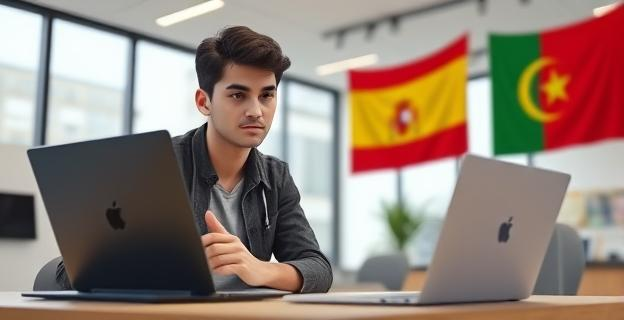 Imagen de un estudiante universitario en Marruecos realizando prácticas en una oficina o centro educativo, con banderas de España y Marruecos al fondo.