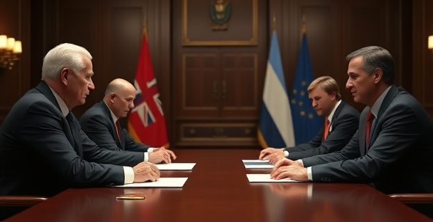 una imagen que represente un acuerdo político entre dos partes en un entorno oficial, con un ambiente de seriedad y compromiso. No incluirá rostros de personas reales.