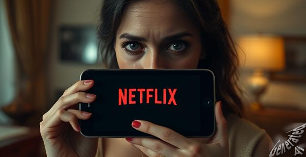 Una imagen de una mujer, Ángela, con una expresión de tristeza y desesperanza, con un fondo que sugiere una vida de lujo pero con un toque de drama. En el centro de la imagen, un teléfono o una tableta con la pantalla de Netflix mostrando la serie 