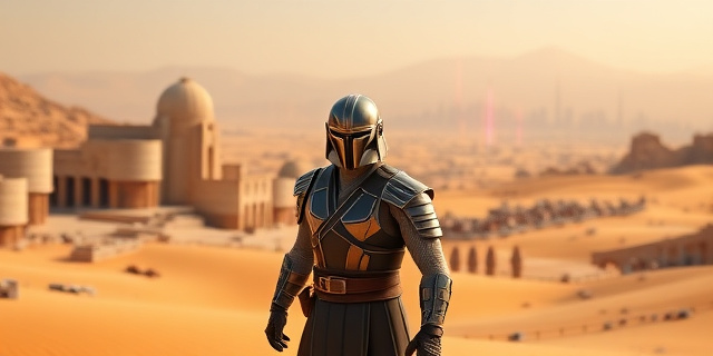Un guerrero Jedi con armadura de samurái, en un paisaje desértico que mezcla ruinas romanas y luces láser, con la silueta de una ciudad futurista al fondo, sin rostros ni texto.