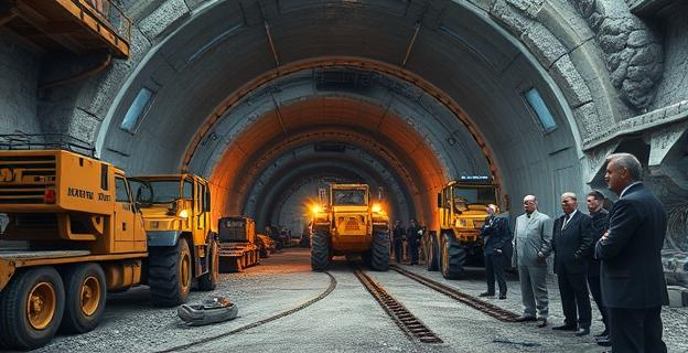 Imagen de un túnel en construcción con maquinaria pesada y trabajadores, con un ambiente de tensión política al fondo con políticos discutiendo