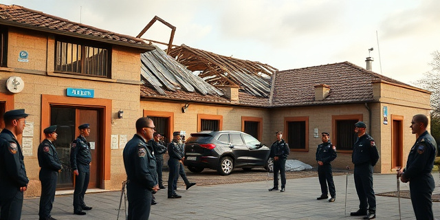 Una imagen de un cuartel de la Guardia Civil con el techo derrumbado, con agentes de pie alrededor, y un ministro sonriendo en la inauguración de un nuevo cuartel en otro lugar