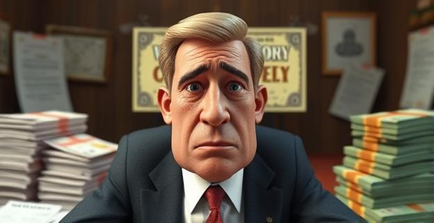 Un político con un billete de lotería premiado al fondo, rodeado de documentos judiciales y montones de dinero en efectivo, con un gesto de preocupación en su rostro