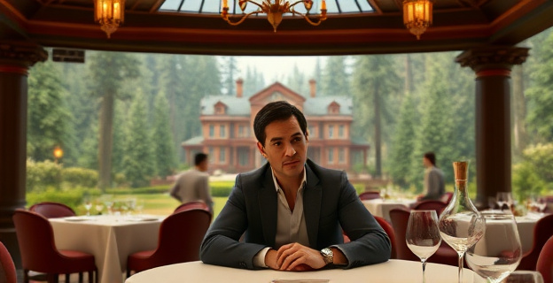 Una escena que muestra un restaurante de lujo en un entorno boscoso, con un hombre sentado en una mesa, mirando a alguien fuera de cámara con una expresión seria. Al fondo, un bosque denso y un edificio señorial.