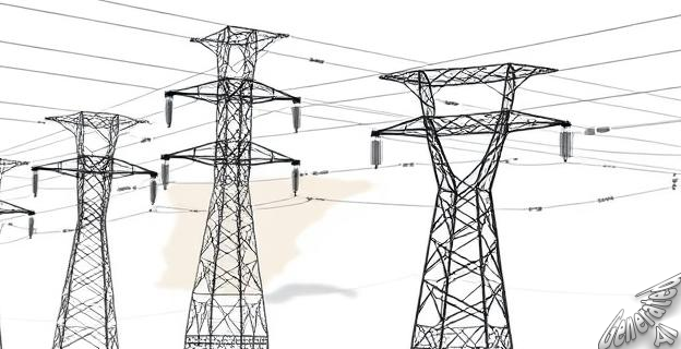 Una imagen de una red eléctrica con torres de alta tensión y cables de energía, con un fondo de un mapa de España.