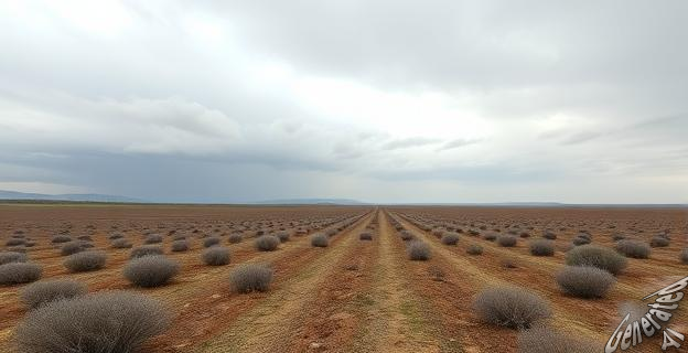 Una imagen de un paisaje seco y árido en Galicia, con un cielo gris y nubes de tormenta en el horizonte.