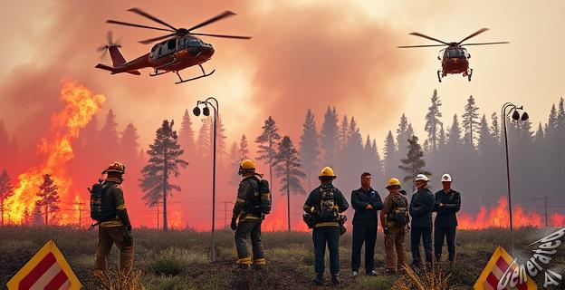 Imagen de un incendio forestal con bomberos y medios aéreos, al fondo una reunión de autoridades