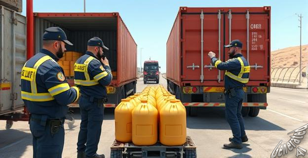 Imagen de un control fronterizo con agentes de la Guardia Civil inspeccionando mercancía en contenedores y camiones en la frontera de Melilla con garrafas de aceite de oliva sin precintar