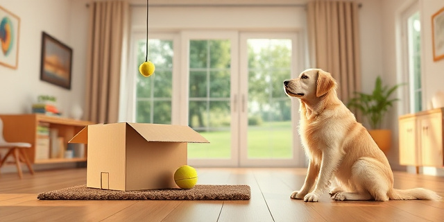 Un salón luminoso con una caja de cartón abierta, una alfombra olfativa colgante y una pelota de tenis; un perro de raza golden retriever sentado, con la nariz alzada, investigando el suelo mientras la lluvia golpea las ventanas.