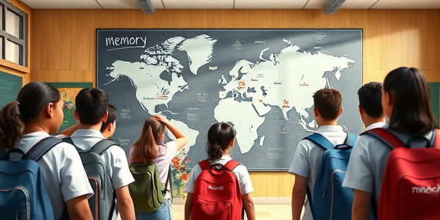 Un aula llena de estudiantes con mochilas, mirando un mapa gigante que destaca varios sitios históricos como murallas, monumentos y cementerios, con un fondo de un aula moderna y una pizarra con la palabra ‘memoria’ escrita en tiza. La escena mezcla la rutina escolar con la solemnidad de los recuerdos históricos, con tonos cálidos y luz natural que cae sobre los estudiantes. Los estudiantes usan ropa casual y el aula parece una mezcla entre una sala de clases y un museo de memoria.