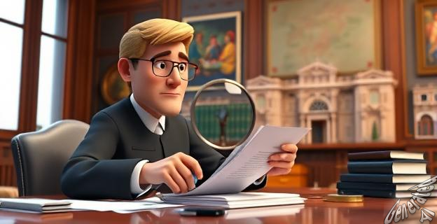 Un juez en un despacho revisando documentos y correos electrónicos con una lupa, mientras en el fondo se ve una imagen de la Universidad Complutense de Madrid.