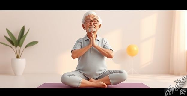 Ilustración de una persona mayor practicando yoga con una rodilla dolorida en el fondo, con un esquema de colores suaves y relajantes.