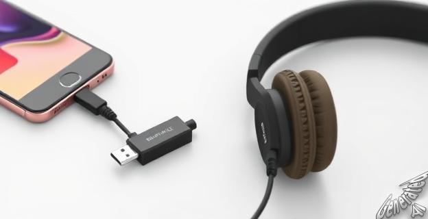 Imagen de un adaptador USB-C a Jack de 3,5 mm con DAC incorporado conectado a un smartphone y a unos auriculares con cable.