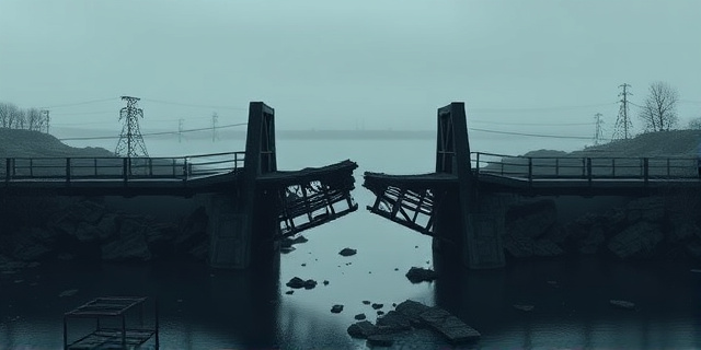 Una imagen conceptual de un puente roto a punto de colapsar, con sombras oscuras que sugieren secretismo y negligencia. El fondo debe ser un paisaje desolado con colores apagados y una atmósfera pesimista. Estilo pictórico expresionista y texturas rugosas que transmitan la fragilidad y el peligro. Ausencia total de figuras humanas, enfocándose en la estructura dañada y su entorno.