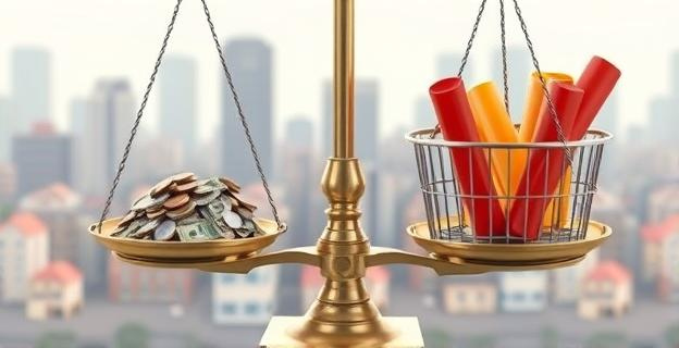 Una balanza de la justicia con un lado desequilibrado, donde en un plato hay un montón de billetes pequeños y monedas, y en el otro, una cesta de la compra desbordante con precios que se elevan como gráficos de barras. El fondo es un paisaje urbano abstracto con edificios de oficinas y viviendas, simbolizando la sociedad.
