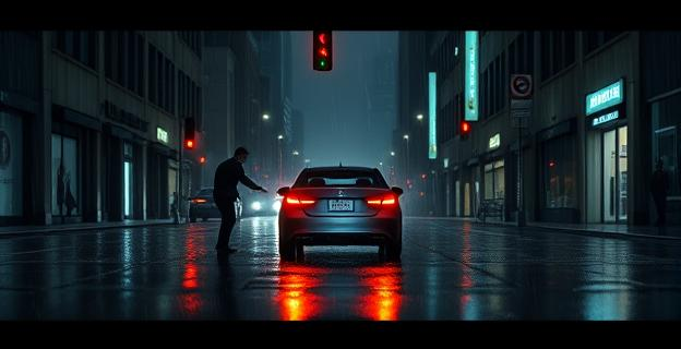 Imagen de una calle urbana lluviosa y oscura con un coche detenido en un semáforo, con una persona en el suelo y otra acercándose al conductor para advertirle de algo en los bajos del vehículo.