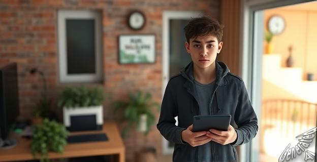 Un joven estudiante de Informática en una habitación llena de dispositivos tecnológicos, con un ordenador portátil, teléfonos móviles y discos duros sobre una mesa, mientras un policía de Mossos d