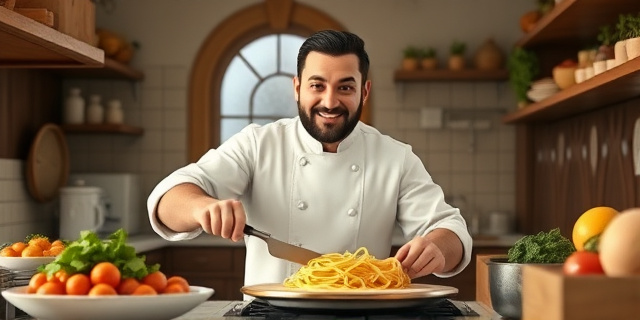 Un chef con estrella Michelin cocina pasta en una cocina italiana tradicional, con ingredientes frescos y una sonrisa en el rostro.