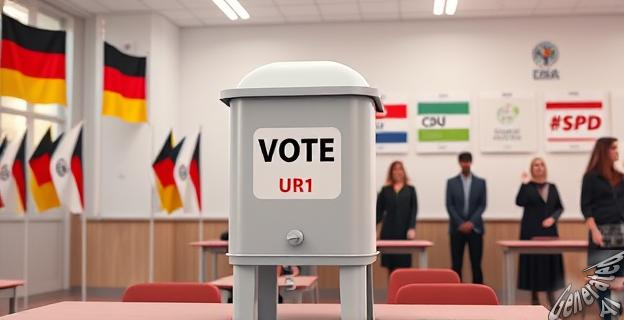 Una imagen de una urna de votación con banderas de Alemania y carteles de AfD, CDU y SPD en el fondo, con gente votando en una escuela.