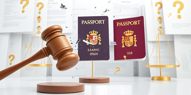 Una ilustración conceptual de estilo editorial. Un mazo de juez de madera rompiéndose contra un muro de documentos oficiales transparentes. Al fondo, la silueta de un pasaporte español flotando en un vacío surrealista, rodeado de signos de interrogación dorados y una balanza desequilibrada. Colores sobrios, estilo minimalista y satírico.