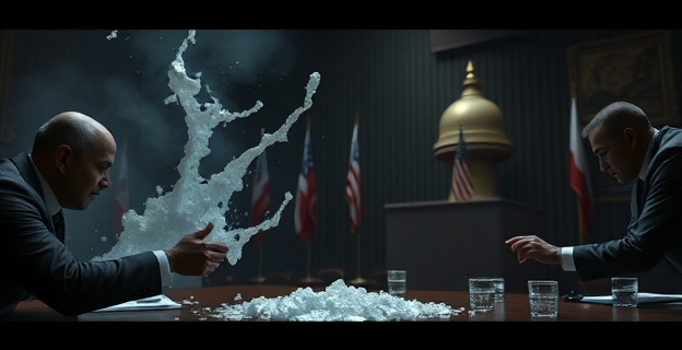 Una imagen conceptual que represente la conexión entre el narcotráfico y la política, con elementos que simbolicen la cocaína y la corrupción gubernamental, ambientada en un entorno oscuro y sombrío.