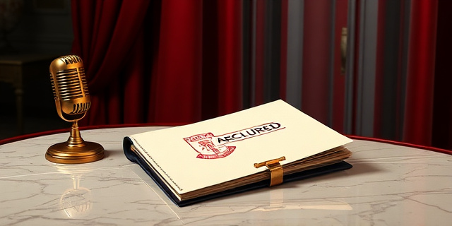 Una ilustración conceptual y satírica. Un elegante expediente judicial con un sello de 'Archivado' sobre una mesa de mármol lujosa. Al lado, un micrófono de oro antiguo y una cortina de terciopelo rojo que oculta parcialmente la vista, simbolizando el secretismo y el poder. Estilo editorial de revista de alta gama, colores contrastados, iluminación dramática.