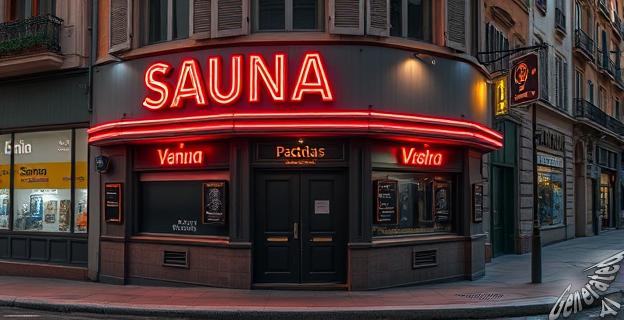 Un local nocturno cerrado con fachada de sauna y letreros de neón apagados en una calle céntrica de Madrid, con una placa que indica su nombre y un aspecto de abandono y desolación