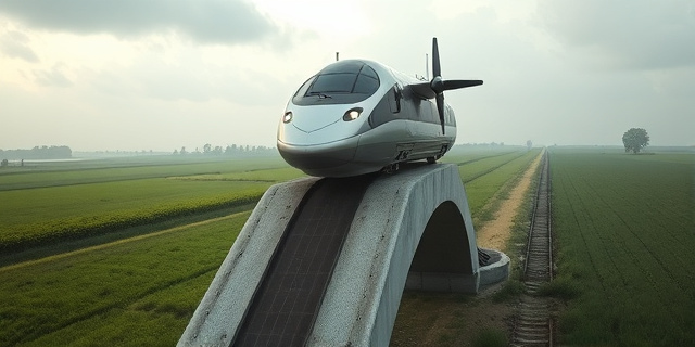 Una vista artística de un tren futurista, plateado y aerodinámico, elevándose sobre una vía de concreto invertida en forma de T. El tren tiene un diseño reminiscente de un avión con una nariz curva y un potente propulsor en la parte trasera. La escena está iluminada con una luz suave y difusa, evocando una atmósfera retrofuturista de los años 60. El entorno es un paisaje rural francés con campos verdes y cielos nublados.