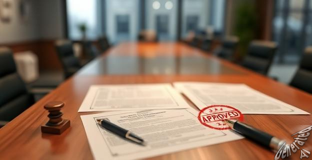 Una mesa con varios documentos y contratos públicos, con un bolígrafo y un sello de 