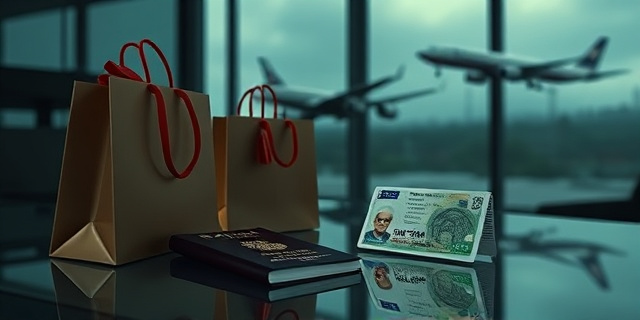 Una ilustración satírica estilo editorial de periódico. En primer plano, unas bolsas de regalo elegantes sobre una mesa de cristal fría, junto a un pasaporte español y un DNI recién impreso. Al fondo, la silueta borrosa de un avión despegando y un rastro de billetes de euros que se transforman en humo. Colores sobrios, atmósfera de despacho gubernamental oscuro y cínico.