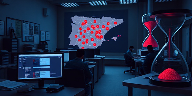 
  Una oficina gubernamental en penumbra, con mesas atestadas de expedientes digitales y papeles físicos. En primer plano, un ordenador con múltiples pestañas abiertas (simulando sistemas de IA, bases de datos y leyes europeas) y un cartel de 