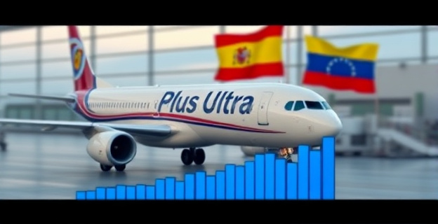 Imagen de un avión de Plus Ultra en un aeropuerto, con banderas de España y Venezuela al fondo, y un gráfico de barras mostrando una transferencia de dinero en el primer plano.