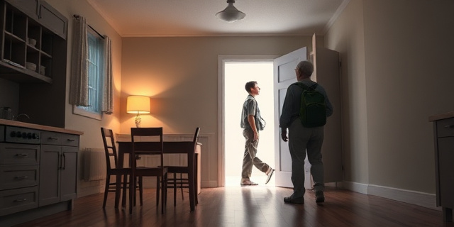 Un anciano en la cocina de su casa vacía, con una mesa de comedor y una lámpara tenue, la puerta está abierta y se ve una figura joven que sostiene una mochila de regreso a la universidad, el ambiente transmite una mezcla de nostalgia y alivio, sin rostros claramente identificables, estilo realista.