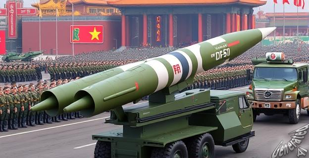 Imagen de misiles chinos DF-61 y DF-5C en un desfile militar en Pekín, con soldados y vehículos militares en el fondo.