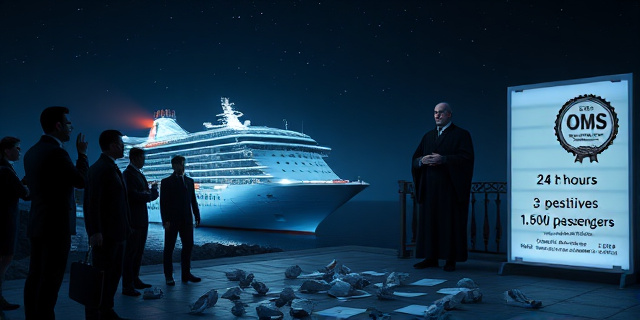 
  Una escena nocturna en un puerto canario bajo un cielo estrellado pero con un ambiente tenso. Al fondo, un crucero de lujo (MV Hondius) iluminado con luces de emergencia, fondeado cerca de la costa. En primer plano, un grupo de autoridades canarias (sin rostros reconocibles) con expresiones de preocupación, señalando hacia el barco. A la derecha, un cartel de la OMS con un sello oficial pero borroso, como si alguien intentara borrarlo. Al centro, un juez con toga observando desde un balcón, con un gesto de escepticismo. En el suelo, papeles arrugados con cifras y fechas (24 horas, 3 positivos, 1.500 pasajeros) dispersos como pruebas de un juego sucio. Estilo: Realista, con tonos fríos (azules y grises) y un toque de surrealismo en los elementos borrosos (el informe de la OMS).