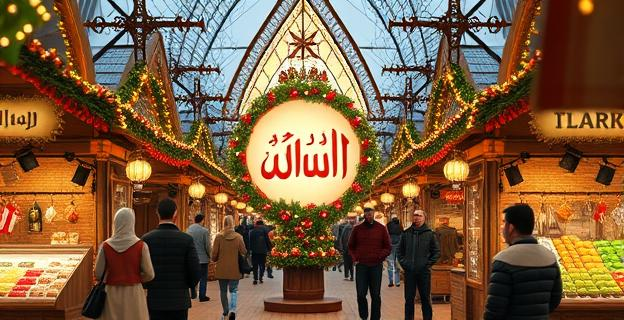 Imagen de un mercadillo navideño con puestos de artesanía y un gran cartel con la palabra 